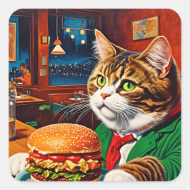 Adsible Cat a Vintage Middag Cheeseburger Fyrkantigt Klistermärke