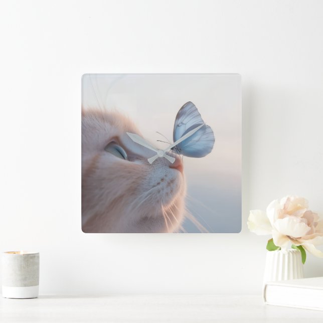Adsible Cat & Blue Butterfly Fyrkantig Klocka (Hem)