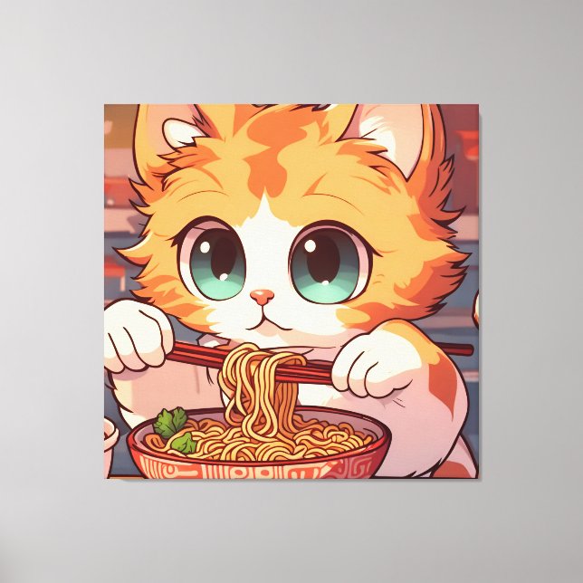 Adsible Cat Eating Ramen Canvastryck (Framsida)