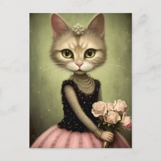 Adsible Cat Holds Rosa ros Vykort (Framsida)