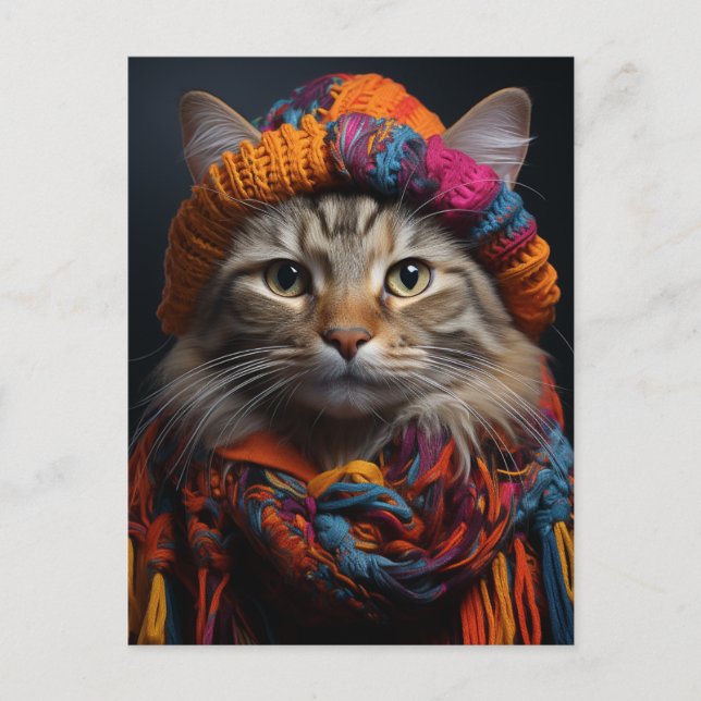 Adsible Cat in a Scarf and Hat Vykort (Framsida)