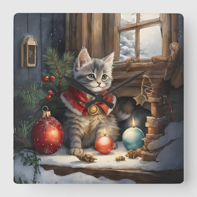 Adsible Cat in Red Cape vid jul Fyrkantig Klocka (Framsida)