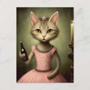 Adsible Cat in Rosa with Champagne Flaska Vykort