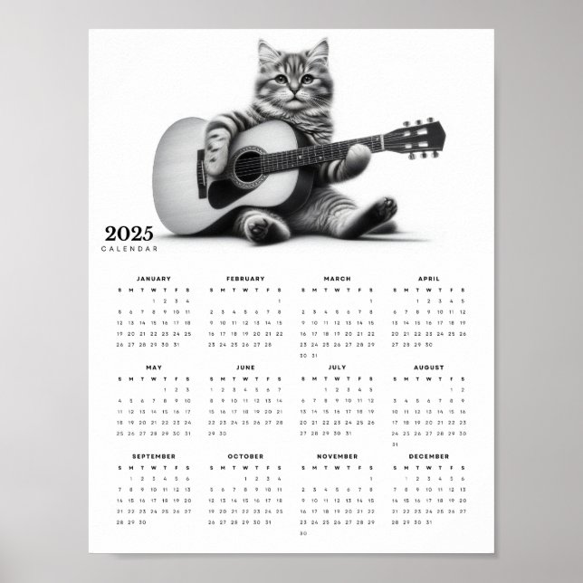 Adsible Cat Play Acoustic Guitar 2025 Calendar Poster (Framsidan)