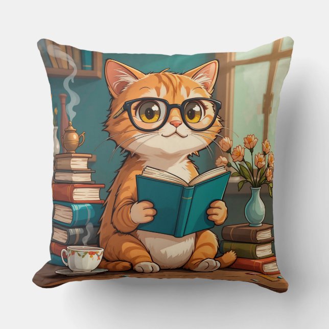 Adsible Cat Wearing Glasses Reading a Bok Kudde (Framsida)