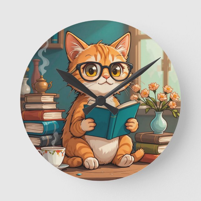 Adsible Cat Wearing Glasses Reading a Bok Rund Klocka (Framsida)