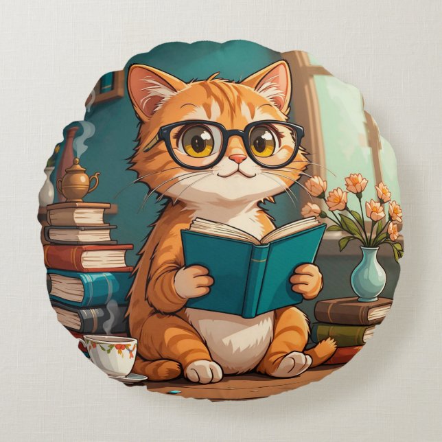 Adsible Cat Wearing Glasses Reading a Bok Rund Kudde (Framsidan)