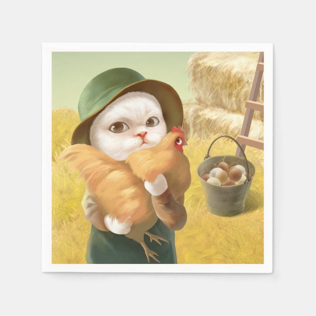 Adsible Cat with Hen on Farm Pappersservett (Framsidan)