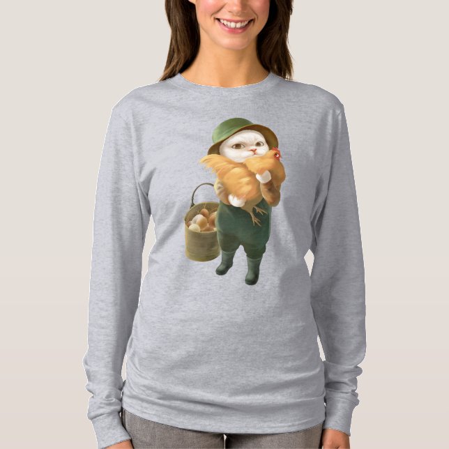 Adsible Cat with Hen on Farm T Shirt (Framsida)