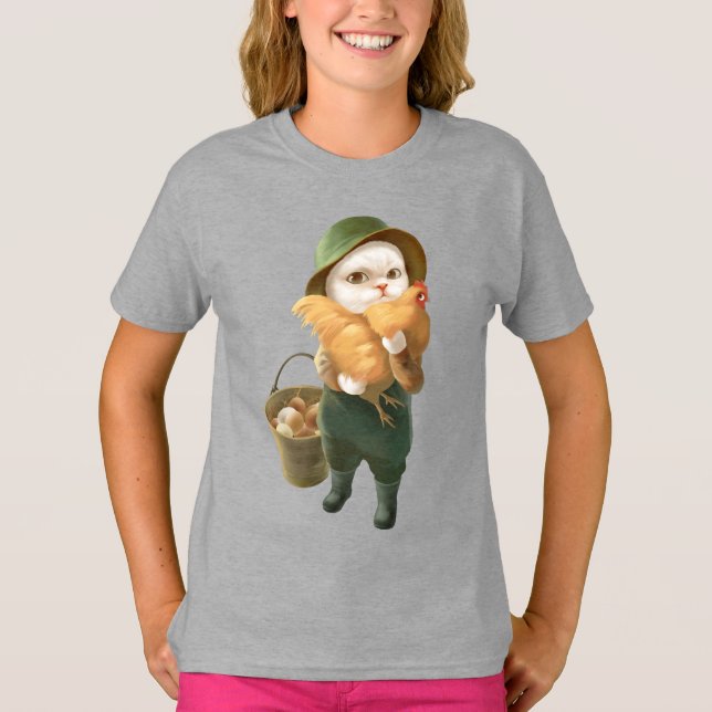 Adsible Cat with Hen on Farm T Shirt (Framsida)