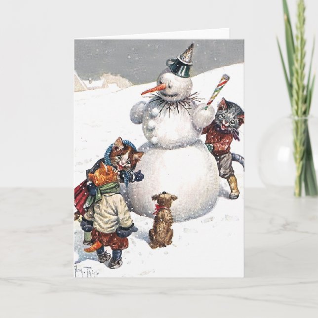 Adsible Cats Byggnad a Snögubbe Helgkort (Framsida)