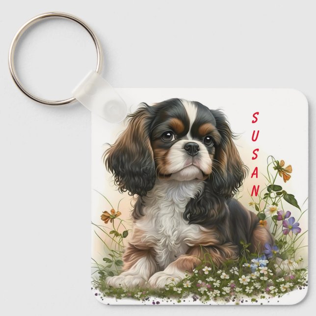 Adsible Cavalier Spain Puppy Hund Nyckelring (Framsida)