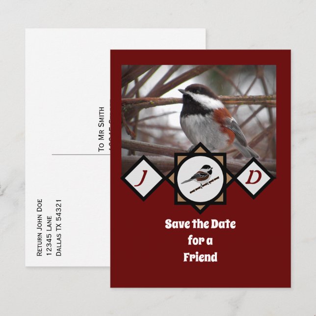 Adsible Chestnut backed Chickadee Monogram Photo Inbjudan Vykort (Fram/baksida)