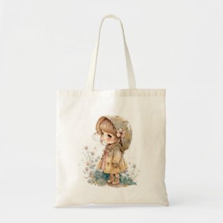 Adsible Chibi Girl in Antique Watercolor Tote Tygkasse