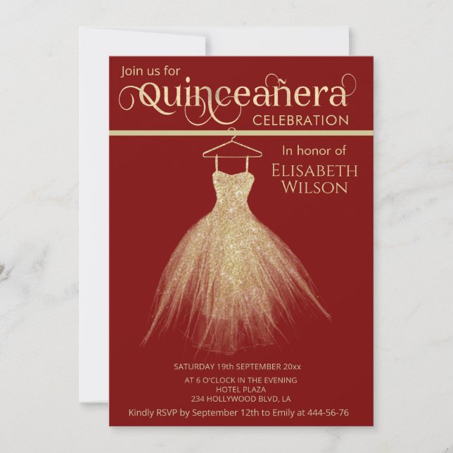Adsible chic guld dress red Quinceañera Inbjudningar (Framsida)