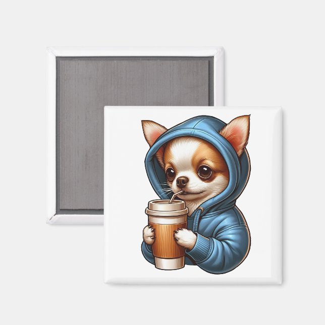 Adsible Chihuahua Drinking Coffee från Kopp Magnet (Front/Back)