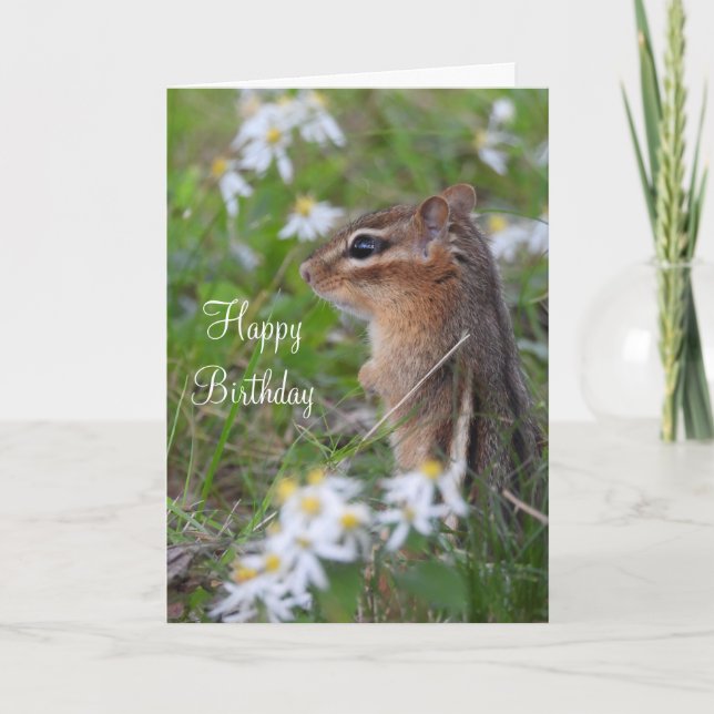 Adsible Chipmunk in blommor Birthday Helgkort (Framsida)