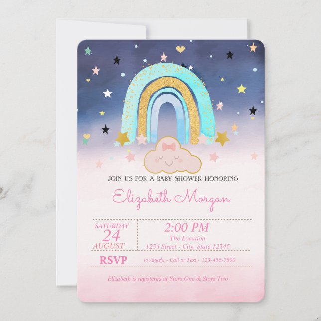 Adsible Cloud Rainbow Stars Ombre Baby Shower Inbjudningar (Framsida)
