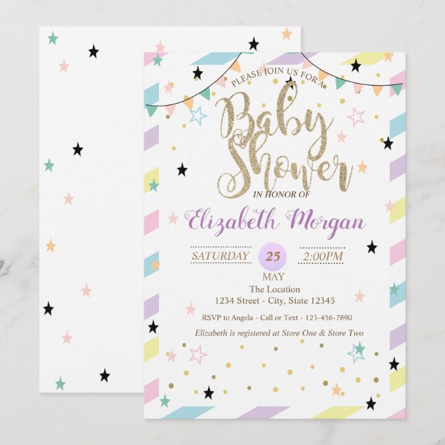 Adsible Colorful Stars Baby Shower-inbjudan Inbjudningar (Fram/baksida)