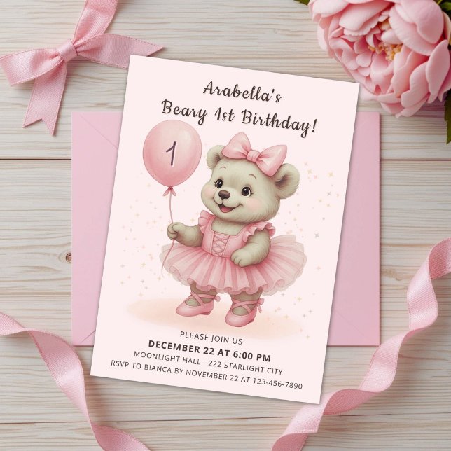 Adsible Coquette Ballerina Bear Birthday Inbjudningar (Skapare uppladdad)