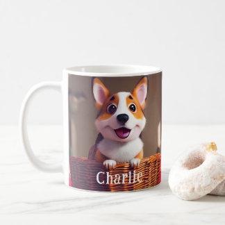 Adsible Corgi Puppy i Hund Anpassat namn i Basket Kaffemugg