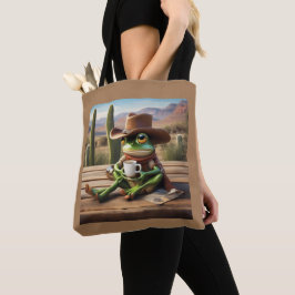 Adsible Cowboy Frog Enjoying Coffee Tote Tygkasse