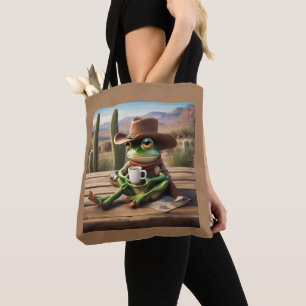 Adsible Cowboy Frog Enjoying Coffee Tote Tygkasse