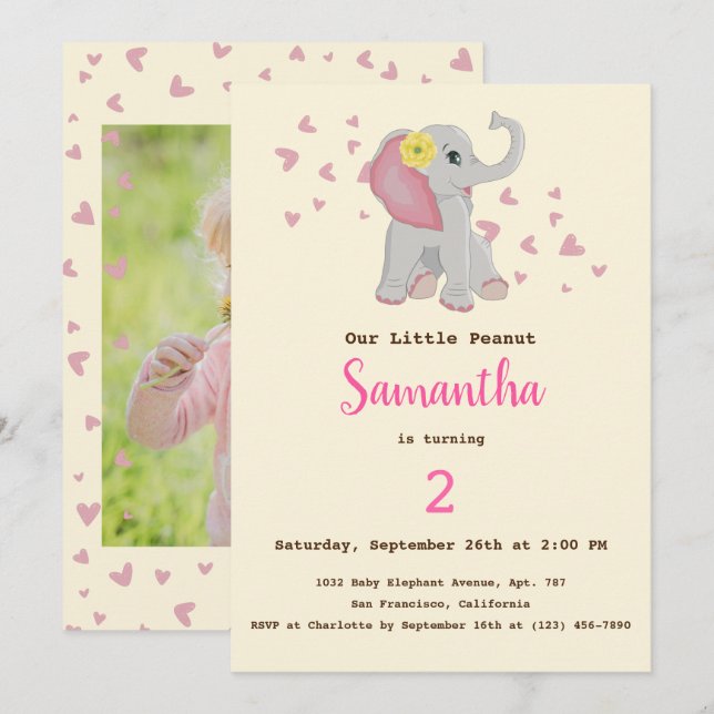 Adsible Cute Baby Elephant Rosa & Grått Birthday Inbjudningar (Fram/baksida)