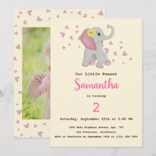 Adsible Cute Baby Elephant Rosa & Grått Birthday Inbjudningar