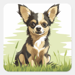 Adsible Cute Black, Tan & White Chihuahua Puppy Fyrkantigt Klistermärke