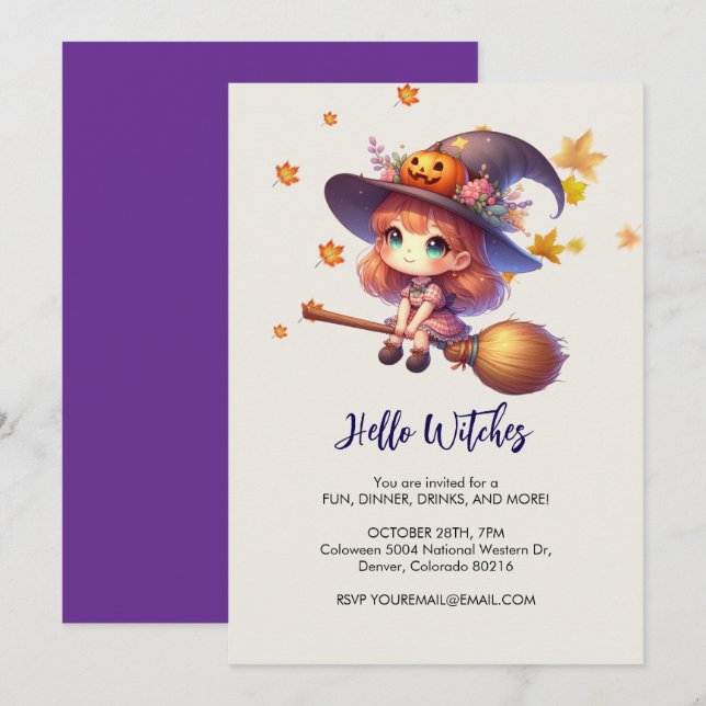 Adsible Cute Witch flight with broom, Halloween Inbjudningar (Fram/baksida)