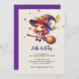 Adsible Cute Witch flight with broom, Halloween Inbjudningar