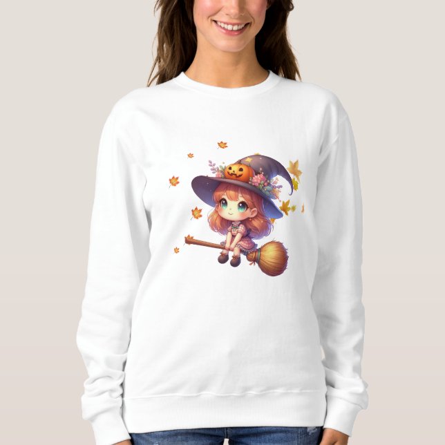Adsible Cute Witch flight with broom, Halloween T Shirt (Framsida)