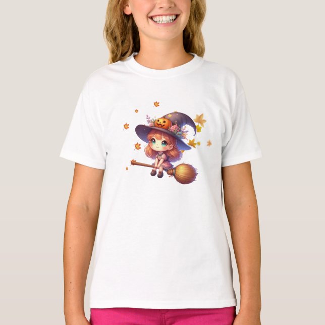 Adsible Cute Witch flight with broom, Halloween T Shirt (Framsida)