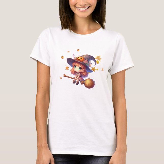 Adsible Cute Witch flight with broom, Halloween T Shirt (Framsida)