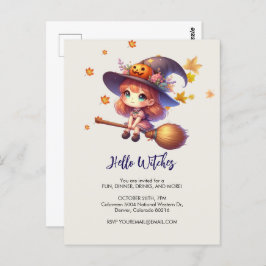 Adsible Cute Witch flight with broom, Halloween Vykort