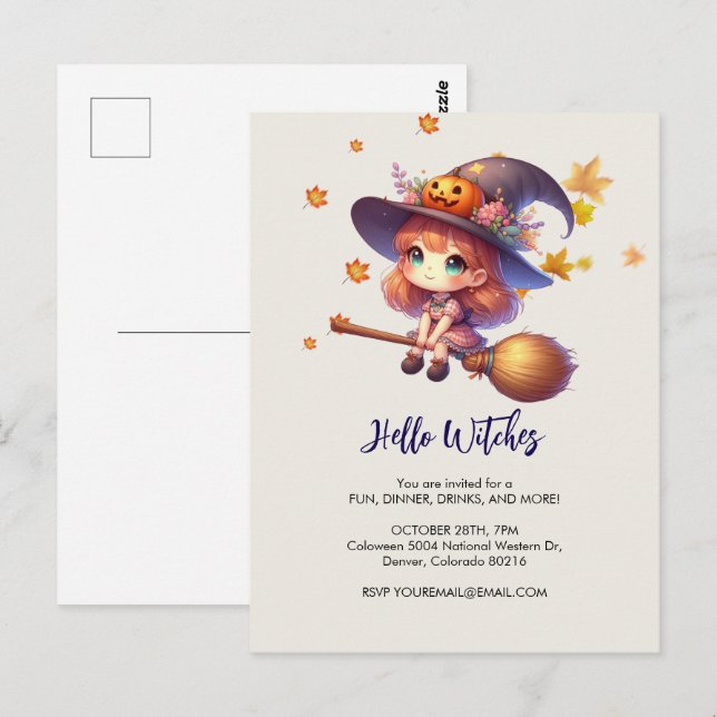 Adsible Cute Witch flight with broom, Halloween Vykort (Fram/baksida)