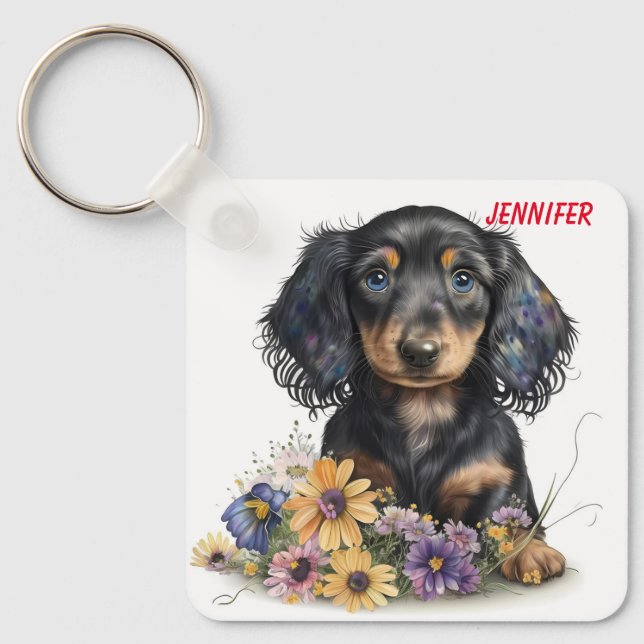 Adsible Dachshund Puppy Hund Nyckelring (Framsida)