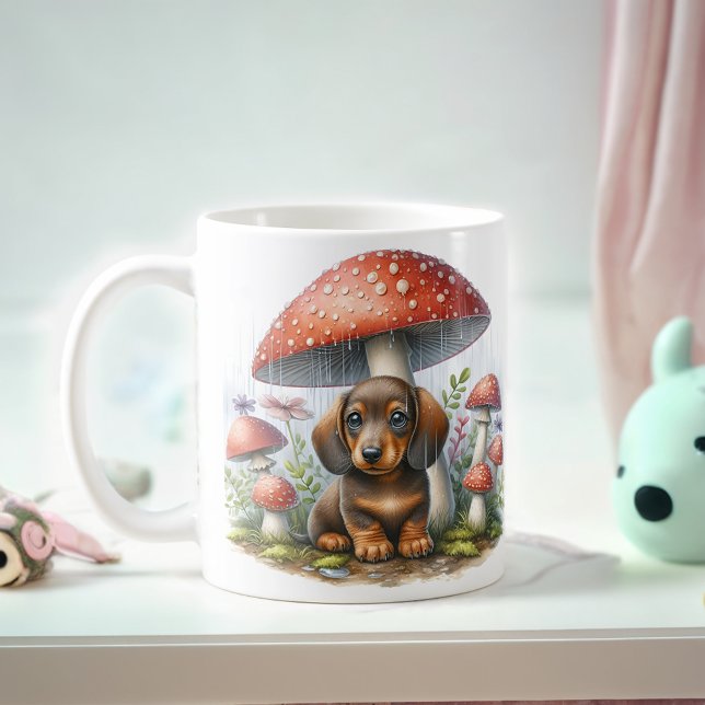 Adsible Dachshund Puppy under Mushroom Umbrella Kaffemugg (Skapare uppladdad)