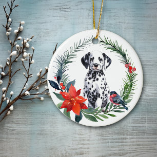 Adsible Dalmatian Puppy Watercolor Poinsettia Julgransprydnad Keramik