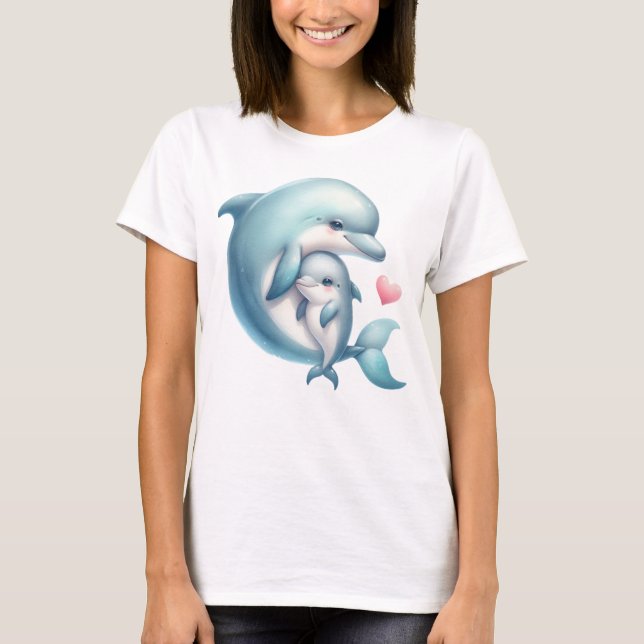 Adsible Dolphin Mor and Baby Heart Illustratio T Shirt (Framsida)