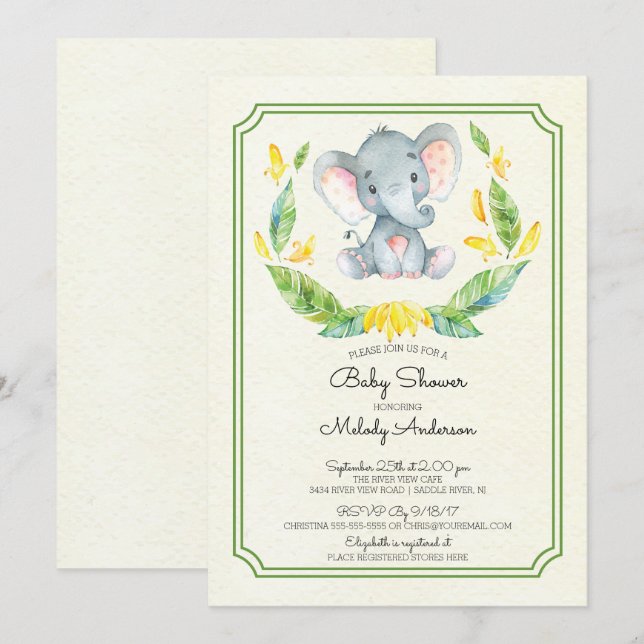 Adsible Elephant Neutralt Baby Shower-inbjudan Inbjudningar (Fram/baksida)
