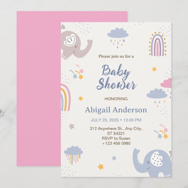 Adsible Elephant Rainbow Baby Shower-inbjudan Inbjudningar (Fram/baksida)