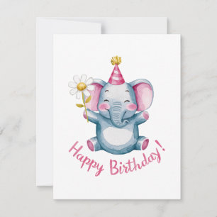 Adsible Elephant with Party Hat and Flowers Julkort