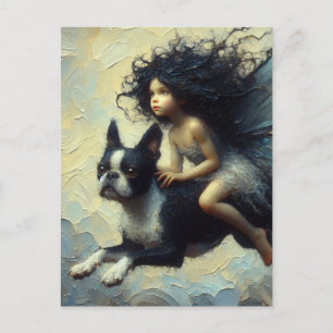 Adsible Fairy Riding a Boston Terrier Vykort