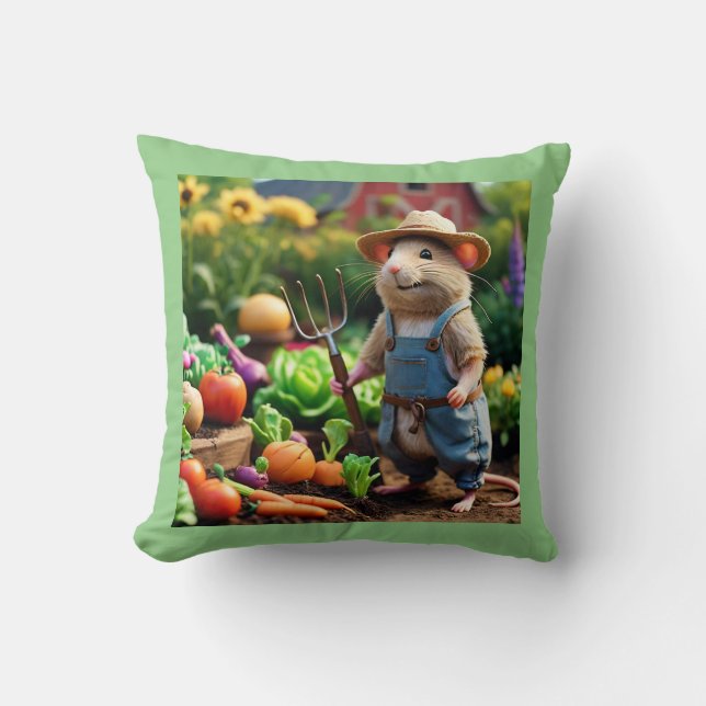 Adsible Farmer Mouse in Garden Dekorativ kudde (Framsida)