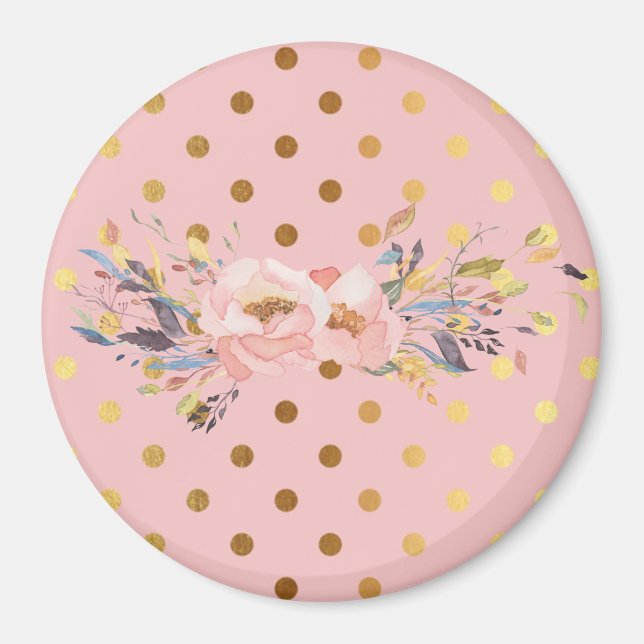 Adsible Faux Guld Polka dots Flowers Magnet (Framsidan)