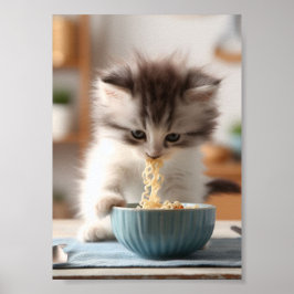 Adsible Fluffy Kitten Eating Ramen Noodles Poster