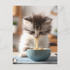 Adsible Fluffy Kitten Eating Ramen Noodles Vykort