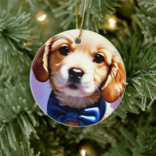 Adsible Fluffy Puppy w Cute Blue Bow Tie Julgransprydnad Keramik